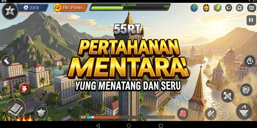 Screenshot gameplay 55RT menampilkan pertarungan menara yang mendebarkan.