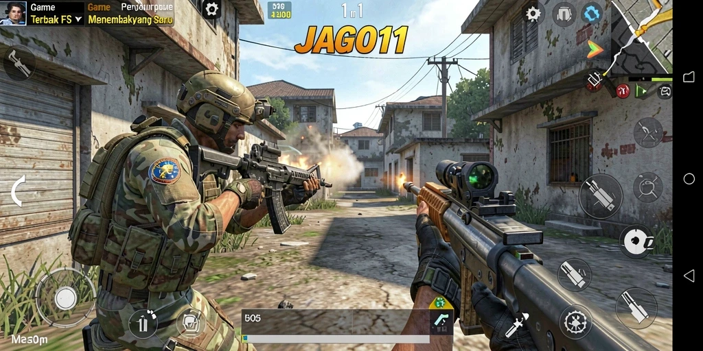 Tangkapan layar gameplay JAGO11 menunjukkan aksi menembak yang mendebarkan.
