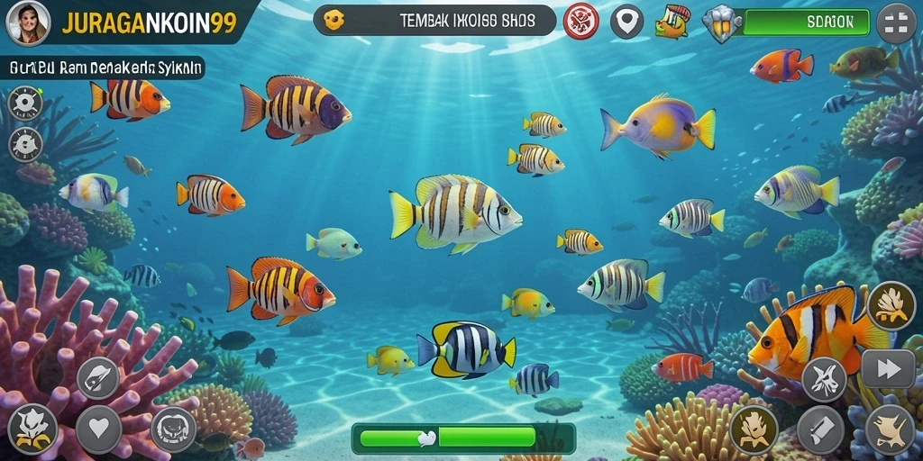 Screenshot utama JURAGANKOIN99 menampilkan aksi menembak ikan yang seru.