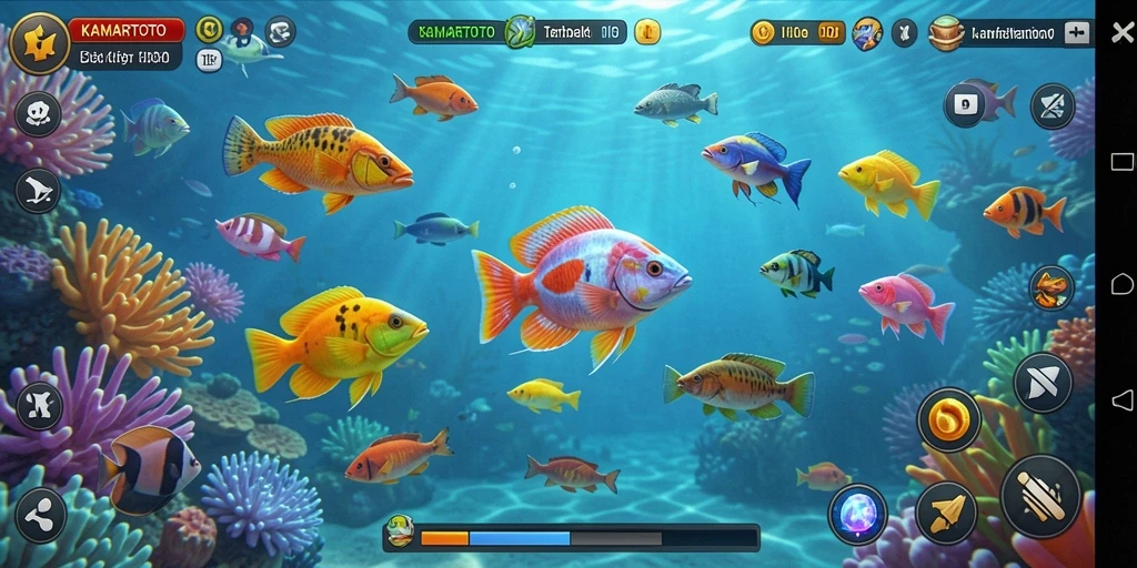 Screenshot gameplay KAMARTOTO yang menampilkan adegan seru menembak ikan.