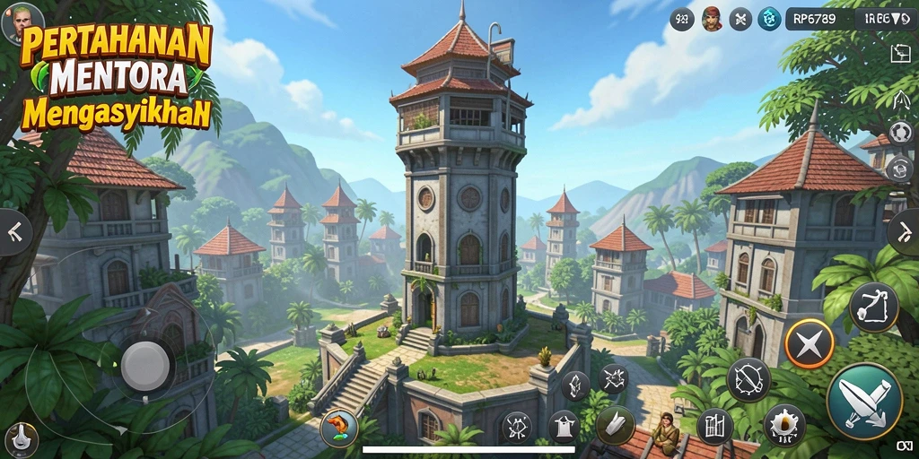 Screenshot dari gameplay RP6789 menampilkan menara dan gelombang musuh.