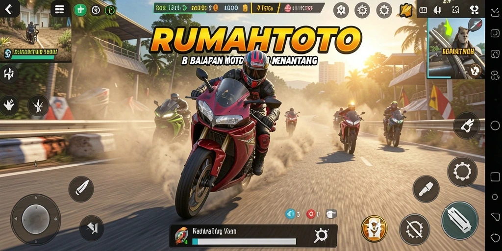 Tampilan utama RUMAHTOTO dengan gameplay balapan motor yang seru.
